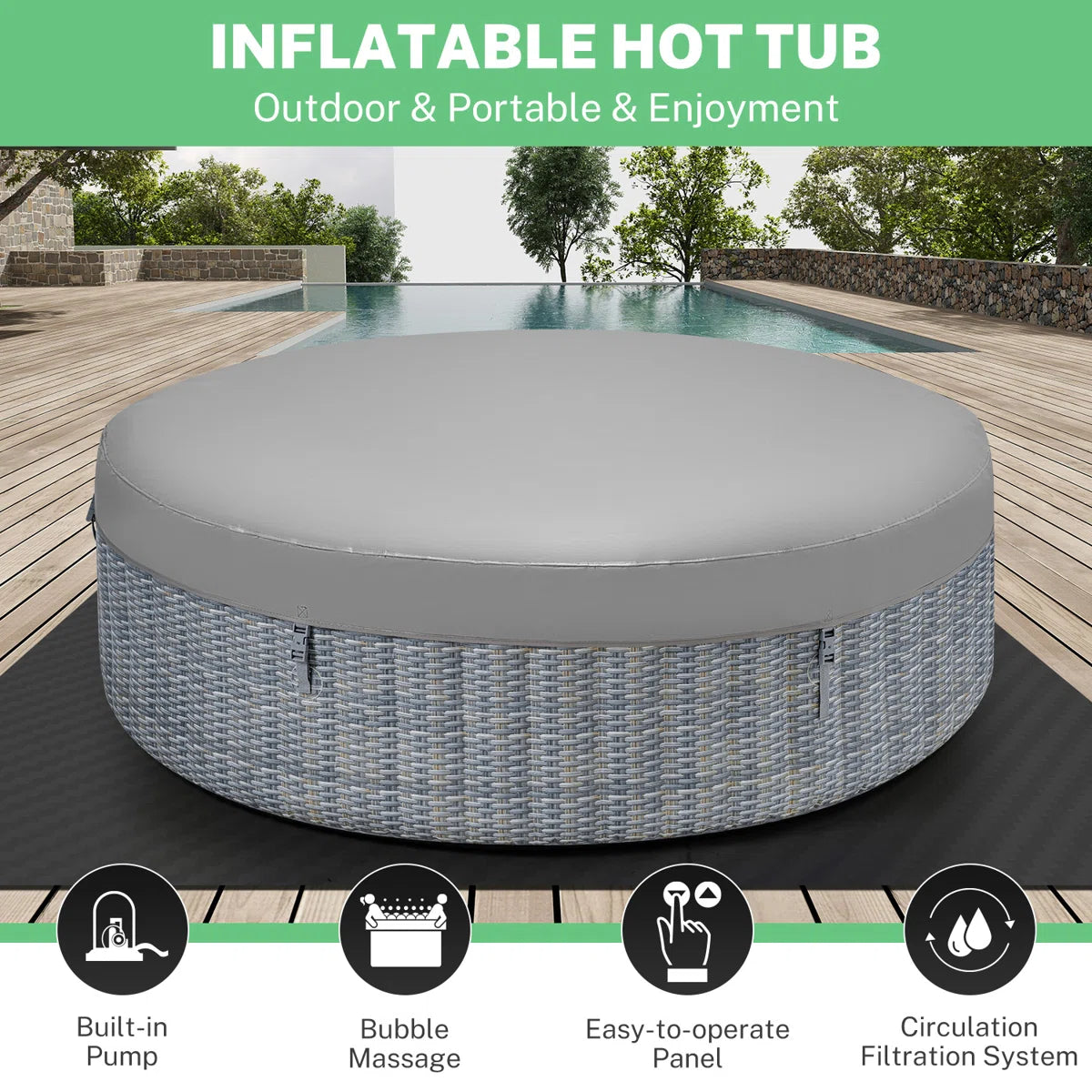 82'' Round Portable Inflatable Hot Tub W/Heating & Filters,6 Person