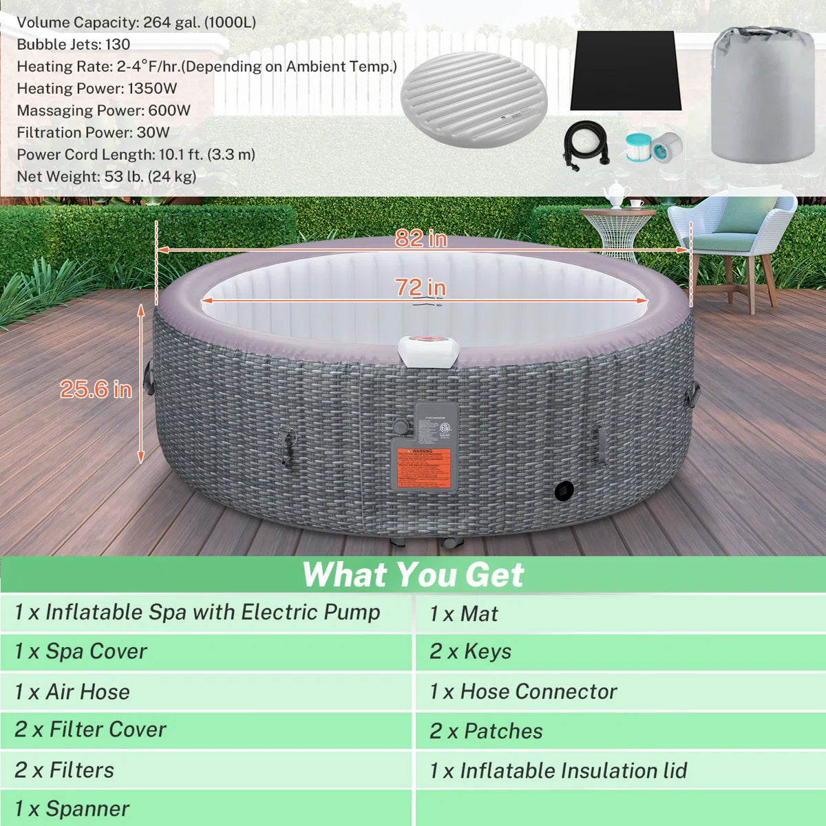 82'' Round Portable Inflatable Hot Tub W/Heating & Filters,6 Person
